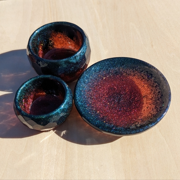 Hand Crafted Other - Tiny Resin Bowls Set Red Blue Sparkly Cute Handmade Kawaii Small Gifts Artisan